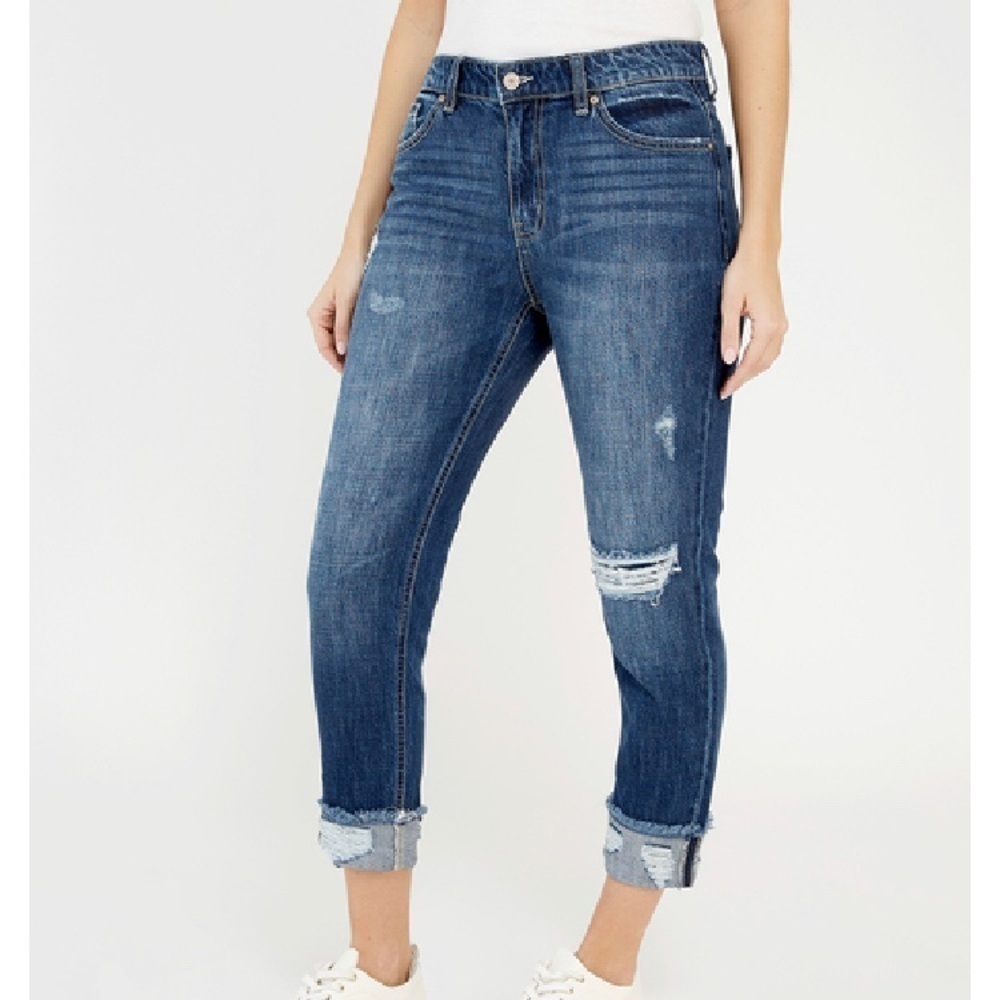 KANCAN Sz 26 Boyfriend Style Distressed Dark Wash 100%  Cotton Jeans